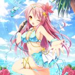  1girl blush breasts detached_collar flower gloves hair_flower hair_ornament highres kidatsu!_dungeons_lord long_hair microphone midriff navel official_art one_eye_closed pink_hair riko_(kujira215) smile solo thigh-highs water yellow_eyes 