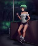  1girl alternate_costume antennae bare_shoulders bracelet cellphone character_doll contemporary earrings full_body green_eyes green_hair hater_(artist) highres jewelry night off_shoulder phone rumia shirt shoes short_hair short_sleeves shorts smile sneakers socks solo touhou trash_can white_legwear wriggle_nightbug 