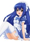  1girl absurdres blue_hair brown_eyes female highres long_hair maid original sitting solo sugimura_tomokazu thigh-highs 