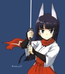  &gt;:( 1girl anabuki_tomoko animal_ears black_eyes black_hair blue_background fox_ears frown holding japanese_clothes katana kote kurokote long_hair looking_at_viewer makaze_(t-junction) simple_background solo strike_witches sword twitter_username upper_body weapon 