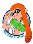  1girl blue_eyes g.f.d inkling long_hair mask orange_hair payot pointy_ears salute smile solo splatoon super_soaker tentacle_hair twintails two-finger_salute 