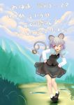  1girl animal_ears blush grey_hair highres ishikkoro mouse_ears mouse_tail nazrin open_mouth short_hair smile solo tail touhou translation_request umbrella 