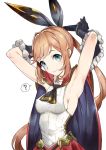  1girl ? aqua_eyes armpits arms_up ascot black_gloves breasts brown_hair cape character_request copyright_request gloves hair_ribbon looking_at_viewer mikurou_(nayuta) ribbon sideboob solo spoken_question_mark white_background 