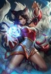  1girl ahri animal_ears bare_shoulders black_hair breasts cleavage detached_sleeves facial_mark fox_ears fox_tail korean_clothes league_of_legends lips long_hair looking_at_viewer multiple_tails ramen_(aquare9ia) revision smile solo tail whisker_markings yellow_eyes 
