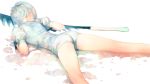1other absurdres antarcticite ass from_behind highres houseki_no_kuni iwai_ryou lying on_stomach short_hair short_shorts shorts solo sword weapon white_hair