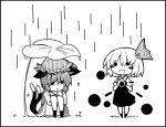  2girls :d animal_ears bow cat_ears cat_tail chen chibi demekyon hair_bow jewelry mob_cap monochrome multiple_girls multiple_tails nekomata open_mouth rain rumia short_hair short_sleeves single_earring smile solid_circle_eyes tail touhou two_tails 