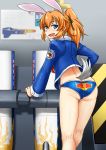  1girl animal_ears ass blue_eyes bunny_tail charlotte_e_yeager from_behind haru-same highres jacket looking_back open_mouth orange_hair panties ponytail rabbit_ears red_bull schematics solo sponsor strike_witches striker_unit tail underwear 