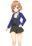  1girl blue_eyes brown_hair hand_on_hip midorikawa_you miyamori_aoi shirobako short_hair simple_background skirt smile solo white_background 