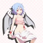  1girl bat_wings blue_hair bottomless cato_(monocatienus) collarbone crop_top groin halftone halftone_background midriff navel red_eyes remilia_scarlet shirt sleeveless sleeveless_shirt smile solo tongue tongue_out touhou towel wings wrist_cuffs 