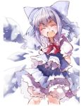  1girl bloomers blue_dress blue_hair bow cirno closed_eyes dress hair_bow ice ice_wings open_mouth puffy_short_sleeves puffy_sleeves shirt short_sleeves shunsuke silver_hair smile solo touhou underwear wings 