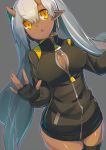  1girl black_gloves black_legwear bow breasts cleavage dark_skin fingerless_gloves gloves grey_background hair_bow horns katsudansou long_hair open_mouth pointy_ears silver_hair simple_background solo thigh-highs track_jacket twintails unzipped very_long_hair yellow_eyes 