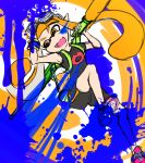  1girl backpack bag bottle fang flat_chest full_body goggles goggles_on_head inkling mask nekomitei orange_eyes orange_hair paint paint_splatter payot pointy_ears shoes sneakers solo splatoon spray_bottle t-shirt tentacle_hair twintails 