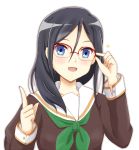  1girl black_hair blue_eyes glasses hand_on_glasses hibike!_euphonium pointing pointing_up school_uniform solo sync_(id_12519877) tanaka_asuka 