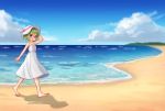  1girl bare_legs barefoot beach dress glasses green_hair hat looking_at_viewer ocean original sand smile sundress walking 