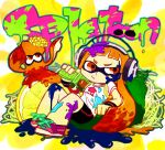  1girl bike_shorts copyright_name flat_chest headphones inkling kitano_(terabecause) long_hair mask orange_eyes orange_hair paint_splatter payot pointy_ears shoes sneakers solo splatoon squid t-shirt tentacle_hair twintails 