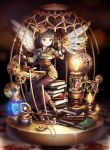  1girl belt birdcage book brown_eyes brown_hair cage gears gem hat lightbulb mechanical_wings original pocket_watch saban short_hair sitting solo steampunk top_hat watch wings 