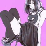  1girl black_eyes black_hair ilya_kuvshinov short_hair solo thigh-highs 