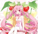  1girl alraune_(p&amp;d) alternate_color bare_shoulders cherry collarbone dress drill_hair flower food food_as_clothes fruit hair_flower hair_ornament leaf long_hair open_mouth pink_eyes pink_hair puzzle_&amp;_dragons sitting smile solo strapless_dress swing thigh-highs very_long_hair white_legwear yui_(kanatamoo) 