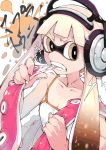  1girl biting biting_hair breasts camisole cleavage collarbone fang headphones inkling kamaboko_(ossann0125) long_hair mask mouth_pull payot pink_hair pointy_ears small_breasts solo spaghetti_strap splatoon tentacle_hair twintails 