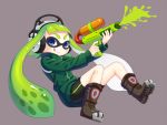  1girl :p ankle_boots artist_request bike_shorts blue_eyes boots full_body green_hair grey_background headphones inkling long_sleeves simple_background smile solo splatoon sweater tongue tongue_out 