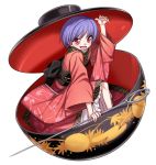  1girl bowl dress japanese_clothes kimono kumadano long_sleeves looking_at_viewer needle obi object_on_head open_mouth purple_hair red_dress red_eyes ribbon sash short_hair simple_background smile solo sukuna_shinmyoumaru touhou white_background wide_sleeves 