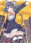  1girl animal_ears ashu bell black_hair blue_eyes bow cat_ears cat_tail cyan_(show_by_rock!!) drill_hair fang hairband jumping long_sleeves musical_note open_mouth outstretched_arm shirt show_by_rock!! skirt smile solo striped striped_legwear tail thigh-highs zettai_ryouiki 