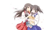  2girls akagi_(kantai_collection) blue_skirt brown_eyes cherry_blossoms doughnut food food_in_mouth food_on_face highres japanese_clothes kaga_(kantai_collection) kantai_collection long_hair multiple_girls muneate petals pleated_skirt plhsxf ponytail red_skirt short_hair short_sleeves side_ponytail simple_background skirt white_background 