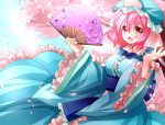  1girl blush cherry_blossoms fan flower nagare pink saigyouji_yuyuko short_hair smile solo touhou 