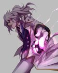  1boy add_(elsword) coat electricity elsword evil_smile facial_mark gloves glowing glowing_eye highres looking_at_viewer necktie nishino_(waero) pants pointing pointing_at_viewer ponytail purple simple_background smile solo violet_eyes white_coat white_gloves white_hair white_pants 