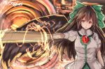  1girl arm_cannon black_wings brown_hair colored hair_ornament hair_ribbon long_hair looking_at_viewer open_mouth outstretched_arm puffy_sleeves red_eyes reiuji_utsuho ribbon shirt short_sleeves sketch skirt solo third_eye touhou twitter_username upper_body weapon wings wowoguni 