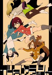  4girls black_hair black_legwear blush_stickers brown_hair dress flower gaist_crusher glasses green_eyes green_skirt hair_flower hair_ornament handstand high_heels horikoshi_kouhei hotaru_ruminera kongouji_kohaku long_hair long_sleeves low_twintails midori_hisui multiple_girls pantyhose pose sakura_sango short_hair shorts skirt smile twintails 