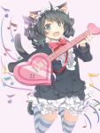  1girl absurdres animal_ears black_hair blush cat_ears cat_tail curly_hair cyan_(show_by_rock!!) green_eyes guitar highres instrument looking_at_viewer seneto show_by_rock!! smile solo striped striped_legwear tail thigh-highs 