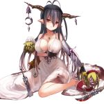  1girl antenna_hair bandages black_gloves black_hair blood blood_stain breast_hold breasts cleavage danua doll dress fingerless_gloves fur_trim gloves granblue_fantasy hair_between_eyes horn_ornament horns jewelry knife large_breasts long_hair necklace pendant pointy_ears red_eyes simple_background sitting solo uro_(uro_zi) wariza white_background white_dress 