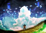  1girl apron black_dress blonde_hair blue_sky broom clouds commentary dress from_behind grass hat kirisame_marisa light_particles looking_up scenery shapes sky solo touhou tsukiyo_satoru_(lunanoxx) witch_hat 