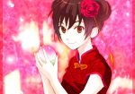  1girl axis_powers_hetalia brown_eyes brown_hair china_(hetalia) china_dress chinese_clothes double_bun dress flower food fruit genderswap hair_flower hair_ornament holding holding_fruit lotus_(elico) peach red_dress short_hair short_sleeves smile solo upper_body 