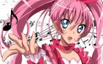  1girl blue_eyes bow choker cure_melody earrings eyebrows frills haru_(nature_life) heart heart_earrings houjou_hibiki jewelry long_hair magical_girl musical_note pink_bow pink_hair precure solo suite_precure thick_eyebrows twintails wrist_cuffs 