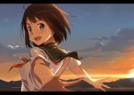  1girl black_eyes brown_hair clouds from_side kinta_(distortion) letterboxed looking_at_viewer original outstretched_arms school_uniform serafuku short_hair short_sleeves sky solo spread_arms sun upper_body 