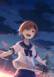  1girl alexmaster blush brown_eyes clouds hair_ornament hairclip highres midriff navel open_mouth original outstretched_arms power_lines school_uniform serafuku short_hair sky solo spread_arms sunset teeth tongue utility_pole_(object) 