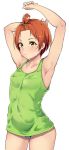  1girl alp armpits arms_up blonde_hair cowboy_shot hoshizora_rin love_live!_school_idol_project orange_hair short_hair simple_background small_breasts solo sweat tank_top white_background 