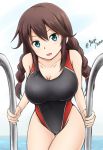  1girl braid breasts brown_hair cleavage fuuma_nagi green_eyes kantai_collection large_breasts long_hair looking_at_viewer noshiro_(kantai_collection) one-piece_swimsuit pool solo swimsuit twin_braids twitter_username 