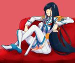  1girl black_hair blue_eyes boots breasts couch crossed_ankles dress full_body hair_ornament hairclip high_heel_boots high_heels junketsu katana kill_la_kill kiryuuin_satsuki long_hair looking_at_viewer omi_(gxtm) sheath sheathed short_dress sitting solo sword thigh-highs thigh_boots very_long_hair weapon white_dress 