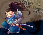  1boy bracer brown_hair facial_hair league_of_legends mizoreame open_toe_shoes ponytail rope sheath sheathed shoes stubble sword weapon yasuo_(league_of_legends) 