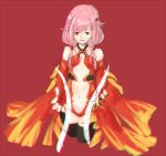  1girl bare_shoulders black_legwear breasts center_opening cleavage detached_sleeves elbow_gloves fingerless_gloves gloves guilty_crown hair_ornament hairclip long_hair looking_at_viewer navel outstretched_arms pink_hair red_eyes solo thigh-highs twintails yuzuriha_inori 