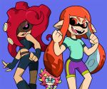  3girls anemo_(splatoon) aqua_eyes belt bike_shorts blue_background clenched_hands crop_top fangs flat_chest glasses green_hair hair_over_one_eye headphones headphones_around_neck inkling long_hair mask midriff multicolored_hair multiple_girls octoling orange_eyes orange_hair pink_eyes pink_hair pointy_ears redhead shenanimation short_hair spiky_hair splatoon tentacle_hair twintails two-tone_hair waving 