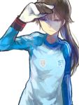  1girl angela_salas_larrazabal brown_hair long_hair long_sleeves ponytail shirono_kuma simple_background soccer soccer_uniform solo spain sportswear strike_witches sweatdrop upper_body white_background world_cup yellow_eyes 