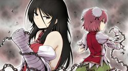  2girls bare_shoulders black_hair bun_cover chain detached_sleeves grey_eyes hair_bun ibaraki_kasen lock_heart_(juuryokudou) long_hair multiple_girls pink_eyes pink_hair puffy_short_sleeves puffy_sleeves sendai_hakurei_no_miko shirt short_hair short_sleeves skirt tabard touhou 