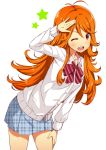  1girl long_hair nectar_(fujiya) one_eye_closed orange_hair red_eyes school_uniform solo tokyo_7th_sisters usuta_sumire 
