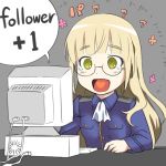  1girl :d blonde_hair computer drawfag glasses heart heart_in_mouth long_hair lowres military military_uniform open_mouth perrine_h_clostermann smile solo strike_witches uniform upper_body yellow_eyes 