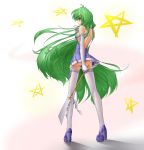  1girl alternate_costume ass back back_cutout dress elbow_gloves frog_hair_ornament full_body gloves gohei gradient gradient_background green_eyes green_hair hair_ornament hater_(artist) high_heels highres kochiya_sanae long_hair looking_at_viewer looking_back panties profile smile snake_hair_ornament solo star thigh-highs tongue tongue_out touhou underwear very_long_hair white_gloves white_legwear 