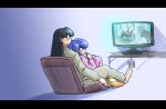  1girl 2boys alternate_costume barefoot black_hair blue_hair casual eating glasses kyoukai_no_rinne letterboxed long_hair mamiya_sakura mousse multiple_boys pants potato_chips ranma_1/2 rokudou_rinne shampoo_(ranma_1/2) sitting sitting_on_lap sitting_on_person sweatpants sweatshirt television wantan-orz watching_television 